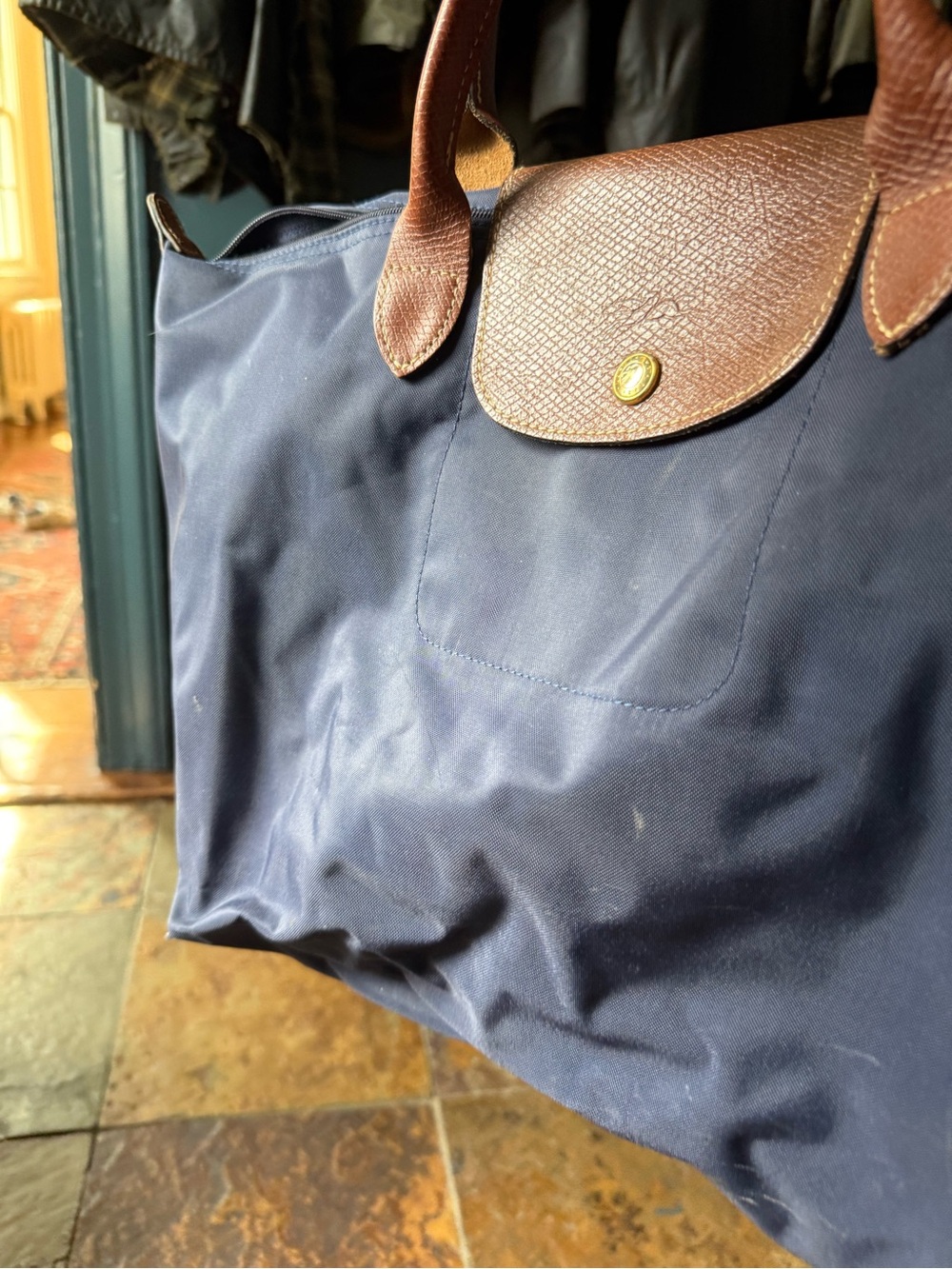 Longchamp Navy and Brown Leather Top-Handle Tote - Picture 3 of 4